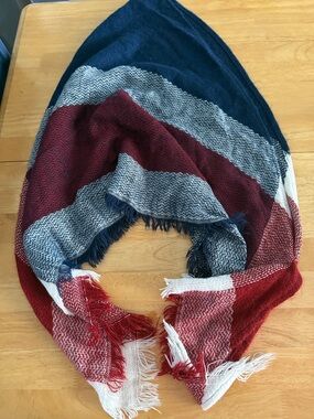 Striped Fringe Knit Scarf in Navy, Burgundy, Gray & White